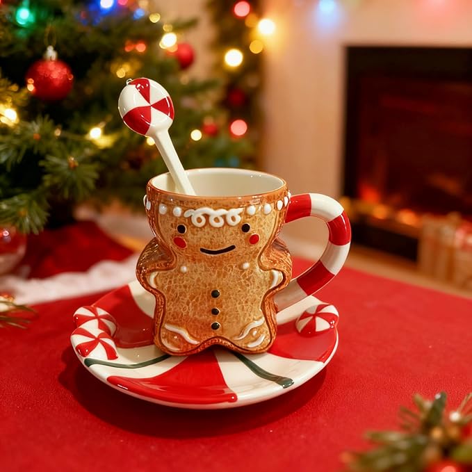 Ceramic Christmas Tea Cup and Saucer Set，200ML(6.8OZ) 3D Hand-painted Christmas Gingerbread Man Coffee Mug，Round Saucer, Spoon