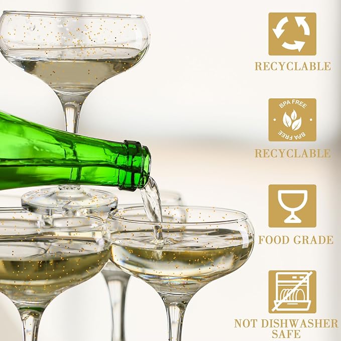Potchen 100 Pcs Plastic Champagne Party Glasses 5 oz Clear Disposable Champagne Glasses Stackable Acrylic Martini Flutes Unbreakable Margarita Coupe for Wedding Birthday Party Bar (Elegant)