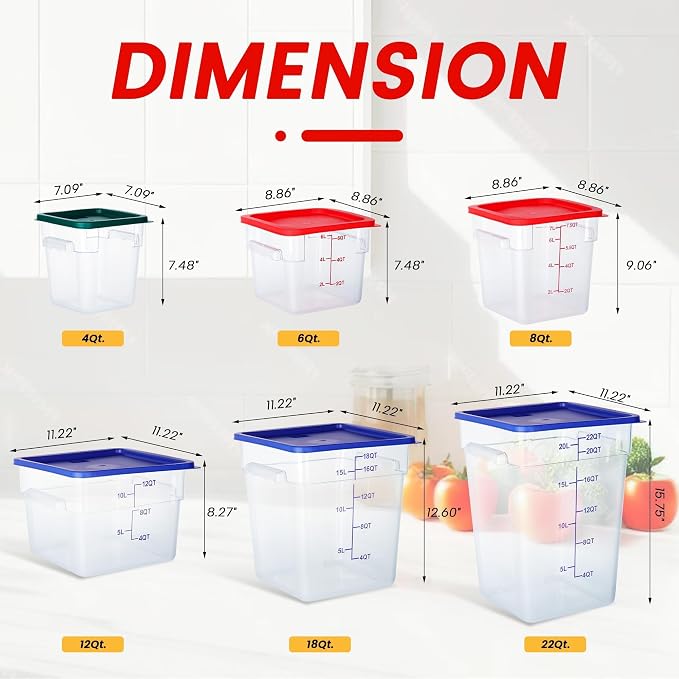 4 Pack 8 Qt Square Polycarbonate Food Storage Containers with Lids | Clear BPA-free PC with lids, side handles, measurement scale and stackable design; for food prep, storage and freezer use.