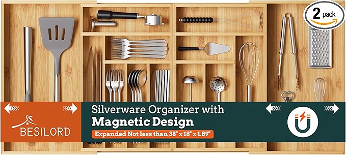 Silverware Organizer Large, Magnetic Connected Expandable 13 Slots Silverware Drawer Organizer From 21 to 37.4 Inches, Adjustable Flatware and Cutlery Holder, Bamboo Utensil Tray for Kitchen Natural