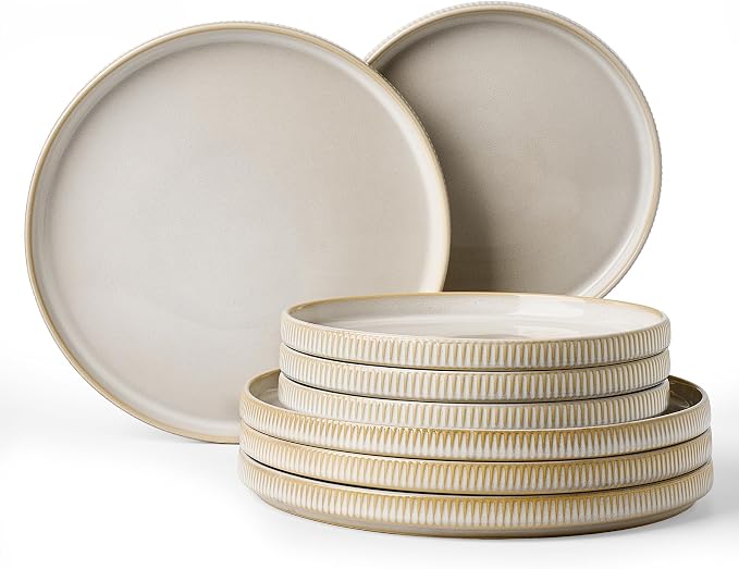 8-Piece Dinner/Salad Plates Set for 4, Cappuccino White | Chip & scratch resistant stoneware dinnerware. Microwave & dishwasher safe. Handcrafted reactive glaze. For daily & serving.