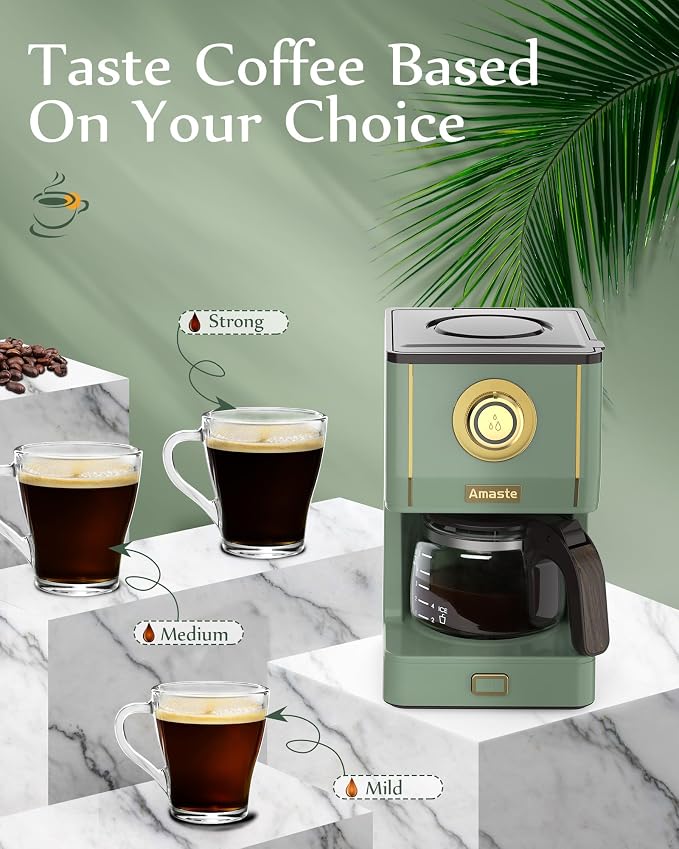 Amaste Drip Coffee Maker, Coffee Machine with 25 Oz Glass Coffee Pot, Retro Style Coffee Maker with Reusable Filter & Three Brewing Modes, Collapsible Silicone Coffee Cup,Warming Plate, Matcha Green