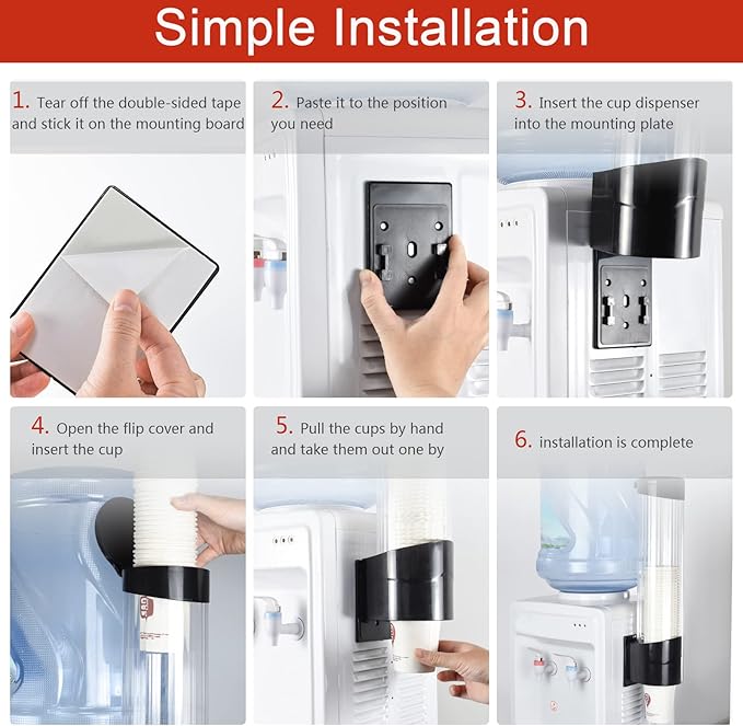 Cup Dispenser, Wall Mount Water Cooler Cup Holder Fits 5oz - 7oz Disposable Paper Plastic Cups for Home Office Hospital Cups Organizer, Adhesive Paste or Screw Install (Black, Medium)