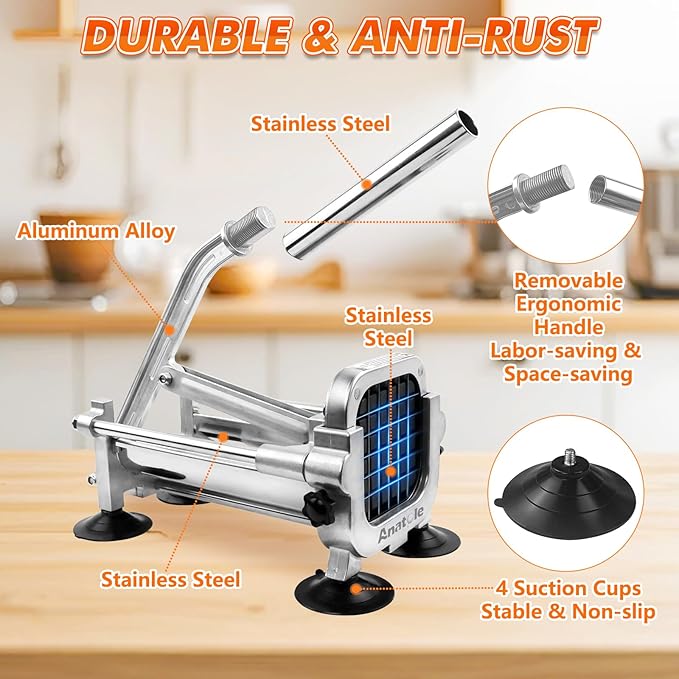 Anatole Professional French Fry Cutter Stainless Steel with 3/8'' 1/2'' Blades Manual Potato Slicer Veggie Chopper Homestyle Dicer for Onions Carrots Cucumbers