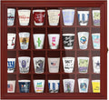 Shot Glass Display Cabinet Solid Wood - Large Display Case for Collectibles | Man Cave Accessories | UV Protection Acrylic Door | Wall Mounted Black Shadow Box | 28 Slots | 18" x 16" Mahogany
