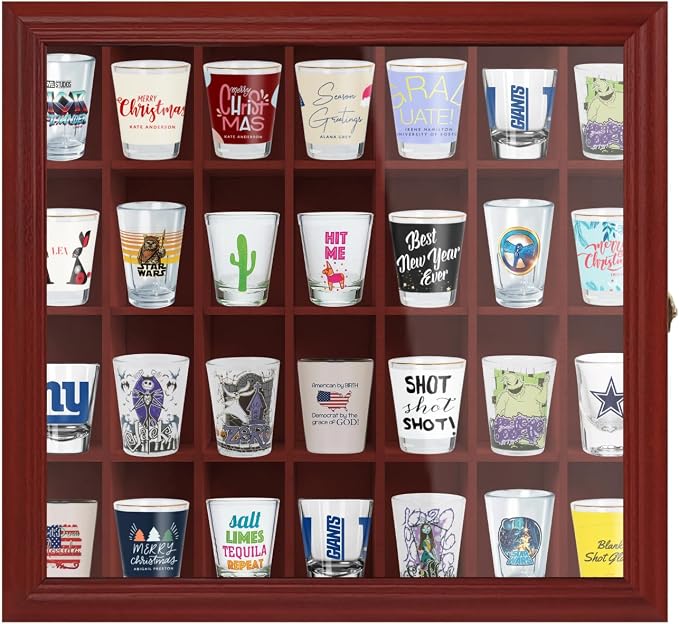 Shot Glass Display Cabinet Solid Wood - Large Display Case for Collectibles | Man Cave Accessories | UV Protection Acrylic Door | Wall Mounted Black Shadow Box | 28 Slots | 18" x 16" Mahogany