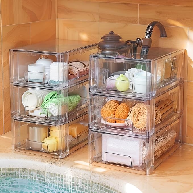 Small Stackable Clear Acrylic Storage Drawers(4 Pack) with Handles,Plastic Organizer Bins for Fridge Bathroom Kitchen Cabinet Pantry Coffee bar Undersink Office Closet Storage Bins