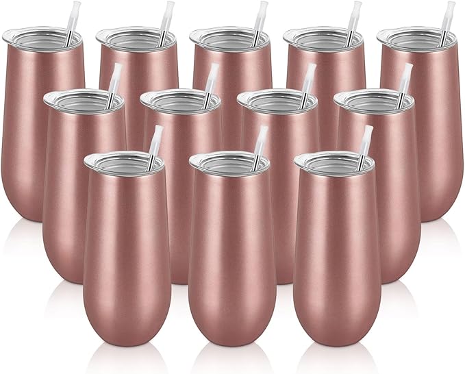 Lifecapido 12 Pack Stemless Champagne Tumblers, 12oz Insulated Stainless Steel Flute Glass for Birthday Party Wedding Christmas (Rose Gold)