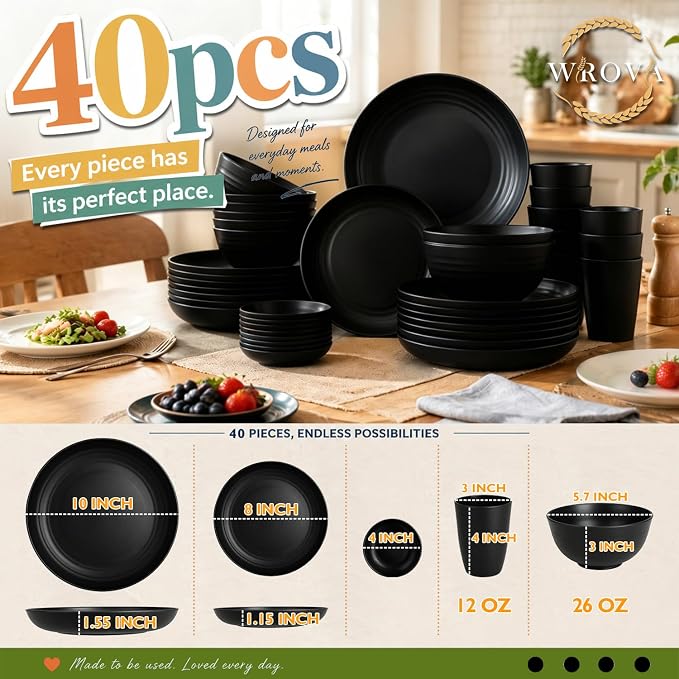 Wrova Wheat Straw Dinnerware Sets 40-Piece- Kitchen Plates and Bowls Sets for 8- Unbreakable Dishes Set Microwave Safe- Deep Dinner Plates/Cereal Bowls/Sauce Dishes/Drink Cups for RV,Apartment- Black