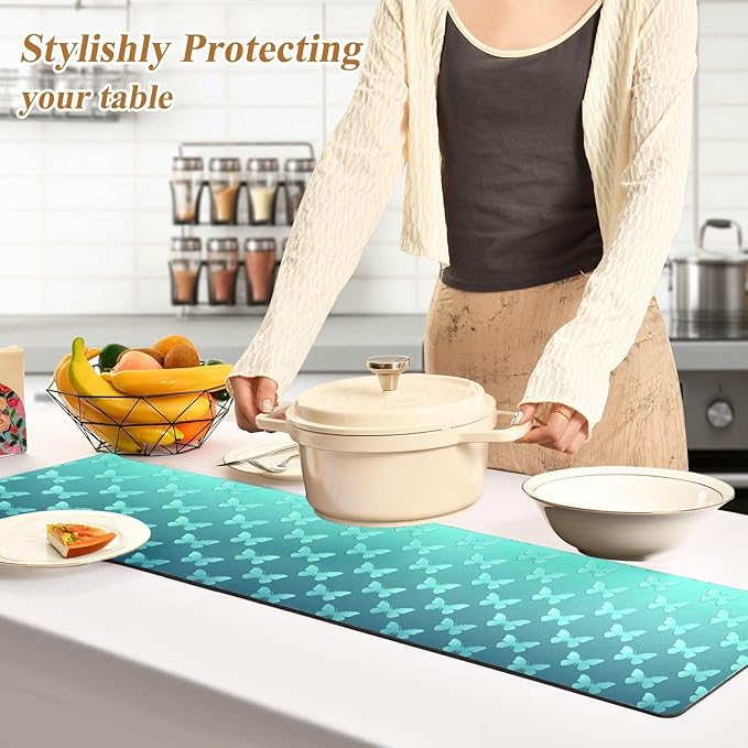 Trivet Table Runner 40 Inches Long Teal Blue Butterflies Heat Resistant Hot Pad Multi Purpose Mat for Hot Pots Pans Kitchen Countertops