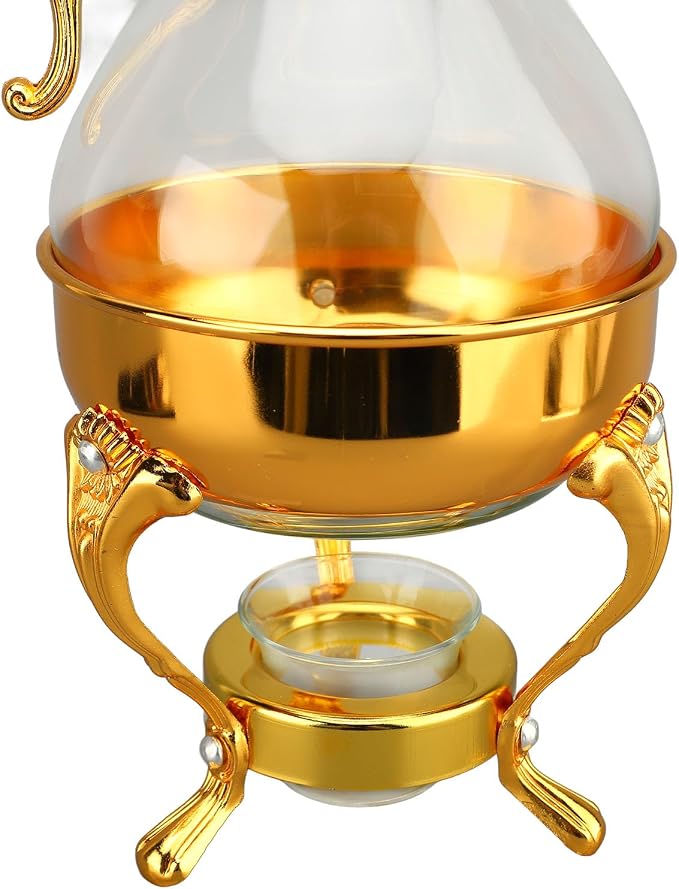 Glass Tea Pot with Warmer, 50 oz Vintage Espresso Kettle Heated Glass Coffee Pot with Handle, Heat Resistant Turkish Coffee Pitcher Teapot for Home Office Cafe Use (Gold)