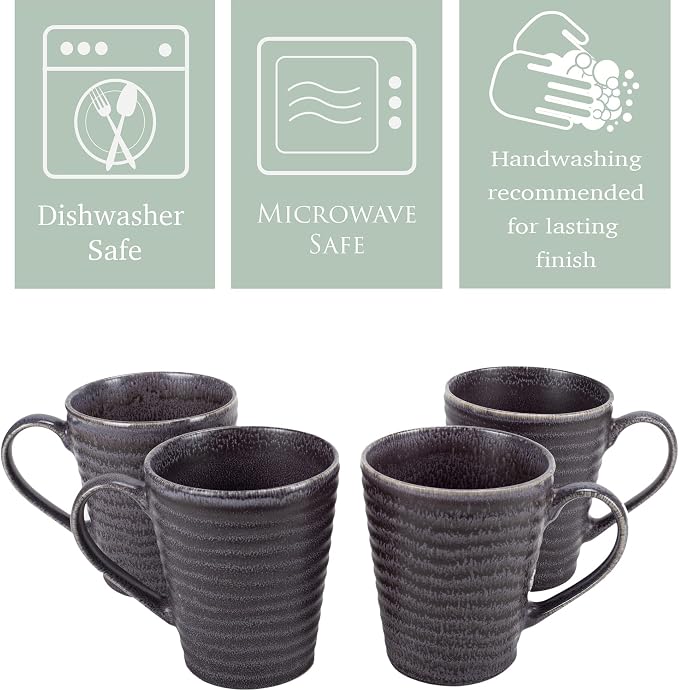 Elanze Designs Sophisticated Modern Chic Ribbed Ceramic Stoneware Dinnerware Mugs Cups Set of 4 - Charcoal Grey