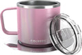 Stackable Insulated Espresso Cup with Saucer by Coldest - Insulated Triple Wall Travel Stainless Steel Travel Double Shot Espresso Coffee Mug with Sliding Lid (4 oz, Forever Pink Glitter)