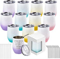 BetterSub 12 Pack 12oz Pink Gradient Wine Tumblers - Double Wall Insulated Sublimation Blanks, Stainless Steel Cups, No Glitter, Include Lid, Metal Straw, Brush, Display Box (12Pack Gradient Color)