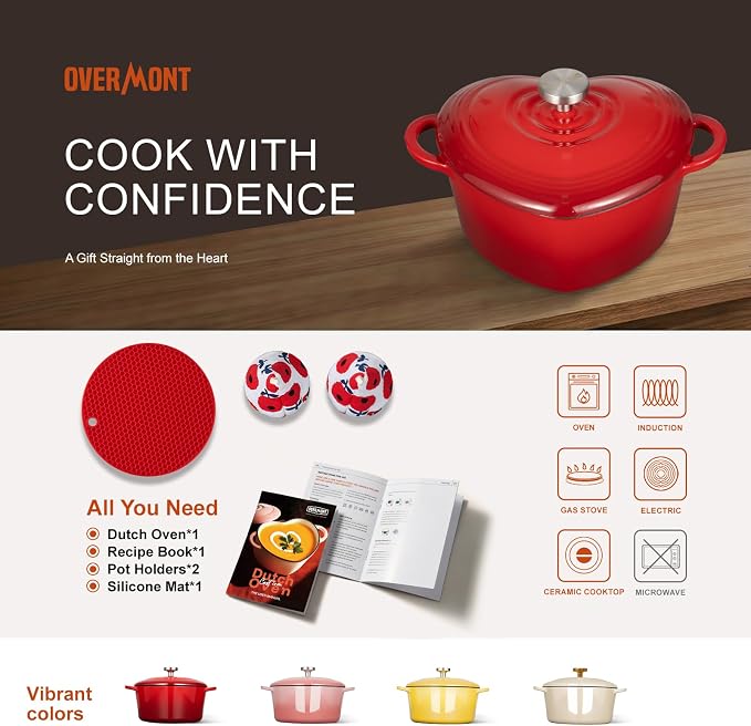 Overmont Enameled Cast Iron Dutch Oven - Heart-Shaped Pot with Lid Cookbook & Cotton Pot Holders - Mini Cookware Oven Safe to 500°F for Sourdough Baking Soups Stews - Great Gift for Wedding Birthday Housewarming 2QT Red