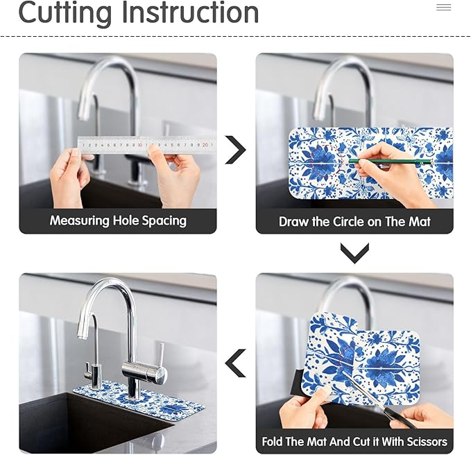 Kitchen Sink Splash Guard 1 PC 14.7 Inch Sink Faucet Mat Splash Guard for Bathroom Countertop Water Absorbent Foldable Cuttable Soft Washable Floral Blue and White Tile