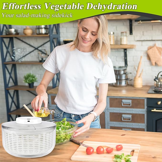 Electric Salad Spinner 6.3QT Large Capacity - Automatic Fast Drying Lettuce & Vegetable Spinner Serves 6-12 Persons with Squeeze Bottle, USB Rechargeable & Built-in Strainer