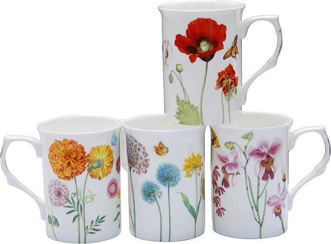 Bone China Coffee Tea Mugs 9-Ounce, Assorted Set of 4 (Wildflower Garden)
