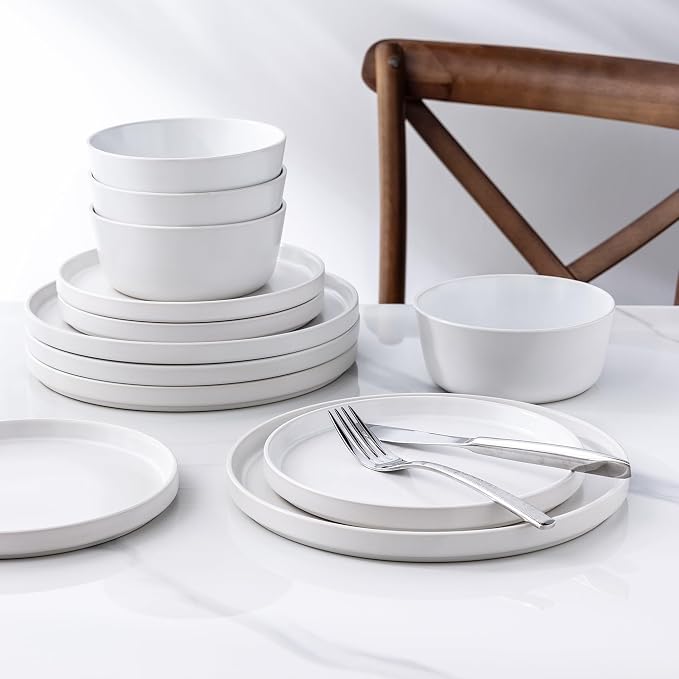 AmorArc Ceramic Dinnerware Sets for 6, Modern Flat Stoneware Plates and Bowls Sets,Chip and Crack Resistant | Dishwasher & Microwave Safe Dishes Set,Scratch Resistant- Service for 6 (18pc)-Matte White