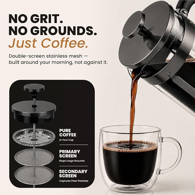 EzDtach French Press Coffee Maker 34oz Grey – Borosilicate Glass Pot with 304 Grade Stainless Steel French Press, Double Filter and 2 Extra Screens for Rich, Full-Bodied Flavor at Home or Office