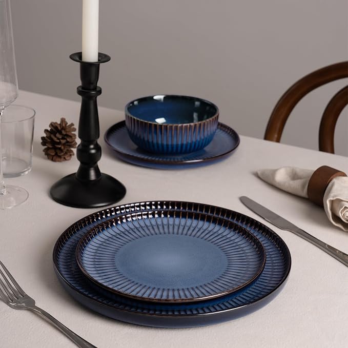 Famiware Starlight 12-Piece Plates and Bowls Sets for 4, Stoneware Dinnerware with Ribbed Textured, Handcrafted Reactive Glaze Dishes - Dishwasher & Microwave Safe, Chip/Scratch Resistant, Starry Blue