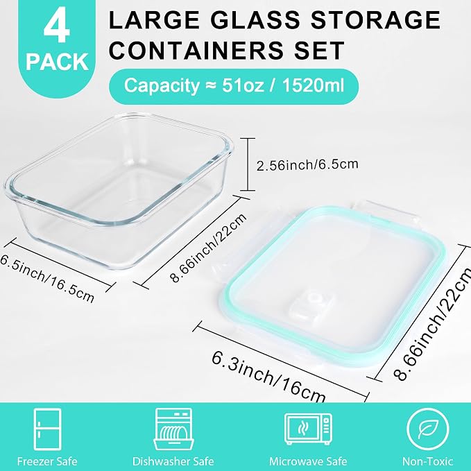 4 Pack 52oz Large Glass Food Storage Containers With Lids - Meal Prep Containers With Airtight Lid For Baking, Storing,Freezer, Dishwasher, Microwave And Oven Safe, Bpa Free（Teal）