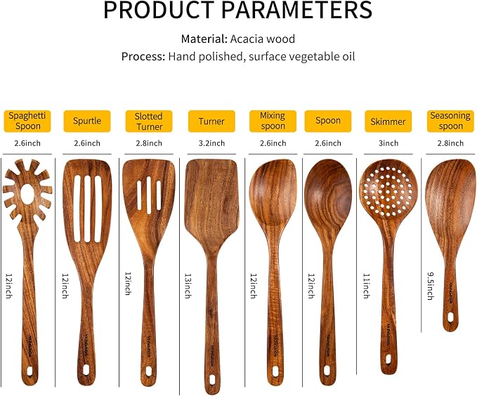 Wooden Spoons for Cooking, 8 PCS WOSPONFAN Kitchen Utensils Set, Wooden Utensils for Cooking - Wooden Spoons, Spatula Set, Slotted Spoon, Handmade Acacia Wooden Spoon Set