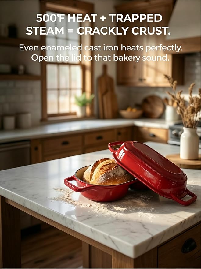 Mini Double Dutch Oven for Sourdough Bread – Enameled Cast Iron Loaf Pan with Dual Loaf Design, 500°F Oven Safe Non-Stick Cast Iron Dutch Oven, Small Loaf Baker for Artisan Baking