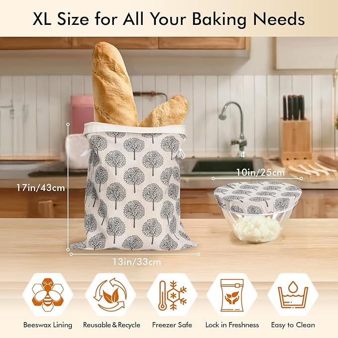 Beeswax Bread Bag & Dough Proofing Bowl Cover Set, Reusable Sourdough Bread Storage Bags, Freezer Safe Bakery Essentials for Homemade Bread