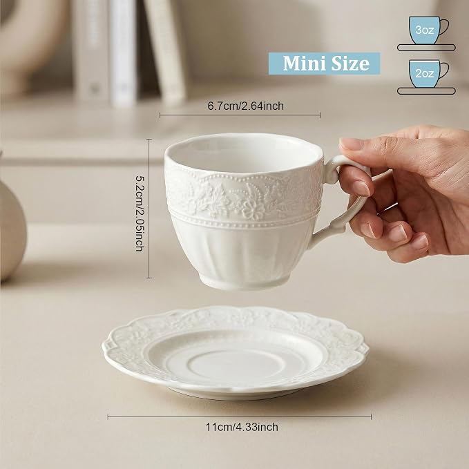 3 oz Espresso Cups Set of 6, Bone China Small Espresso Coffee Cups & Saucers Set, Handcraft Floral Embossing Ceramic Demitasse Mugs Mini Barista Cups for Latte Mocha Farmhouse Housewarming Gift, White