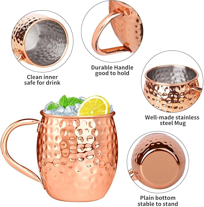 Moscow Mule Copper Plated Mugs Moscow Mule Cups Kit 19oz Set of 4 with Handle Large Hammered Stainless Steel Cups with 0.5oz Double Jigger, Stainless Steel Straws for Cold Drinks Cocktails Wine