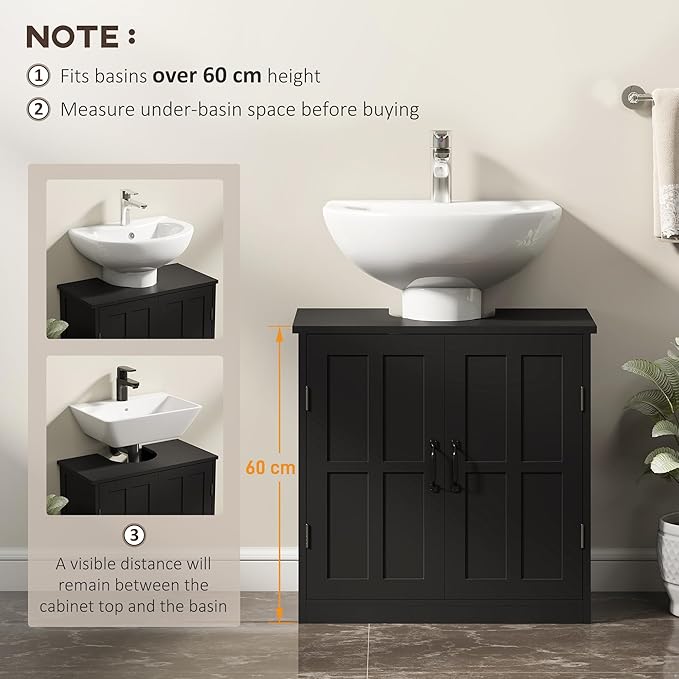 kleankin Pedestal Sink Storage Cabinet, Under Sink Cabinet with 2 Doors and Adjustable Shelf, Bathroom Vanity with U-Shape Cut-Out, Black