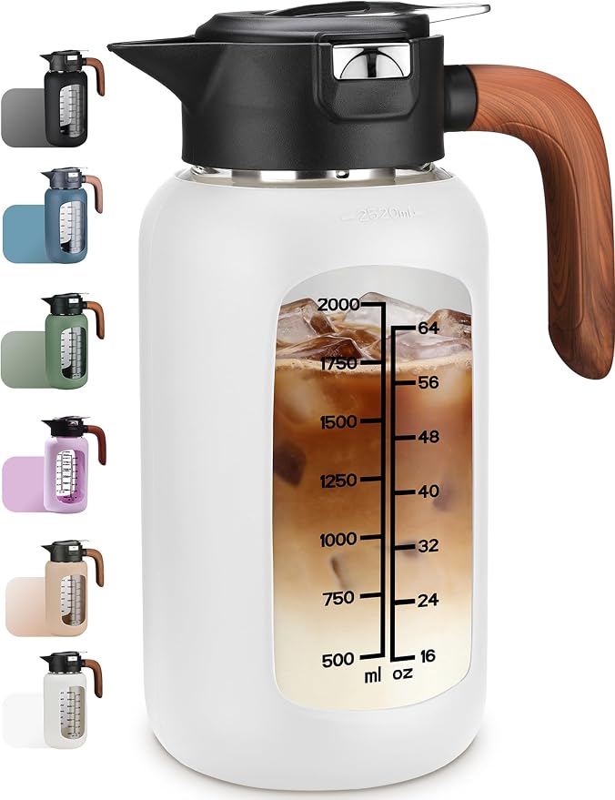 84oz Glass Pitcher with Lid and Handle Borosilicate Glass Water Jug/Carafe for Hot & Cold Beverages, 2.5Liter Large Pitcher with Silicone Sleeve & Wide Mouth, Fridge Safe for Iced Tea, Coffee, Juice