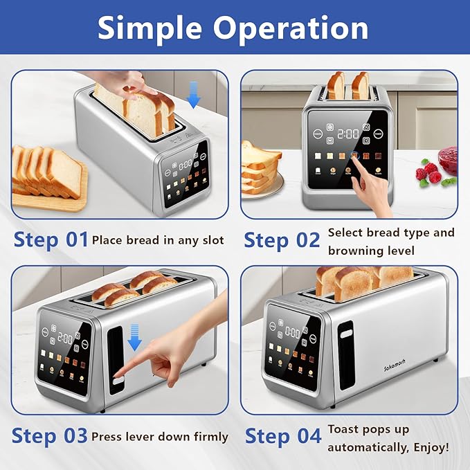 SAKAMOSH Smart Toaster 4 Slice, Touch Screen, Digital Toasters with 6 Browning Levels & 5 Bread Types, Bagel, Extra Long Wide Slots, Memory Function, Timer, 1400W, Stainless Steel