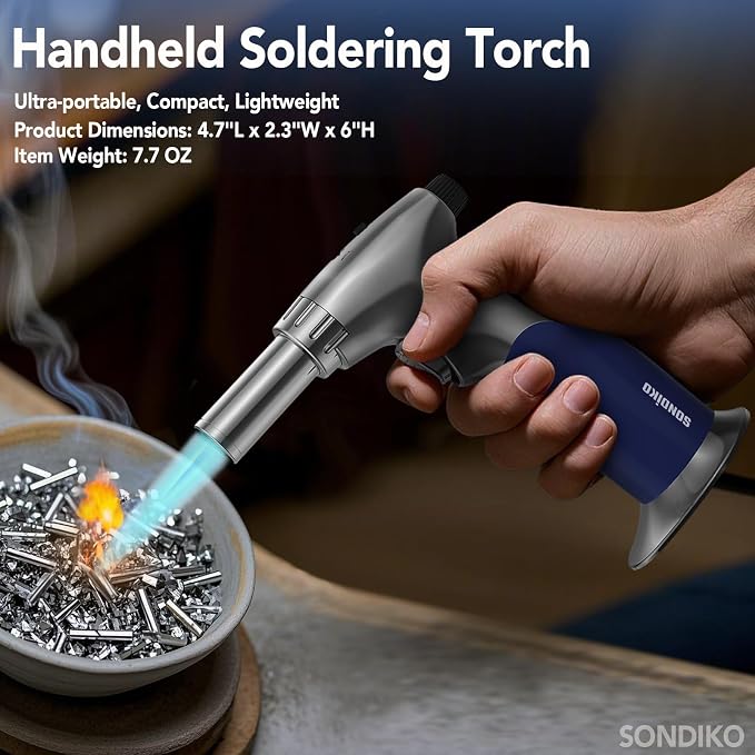 Sondiko DUAL Adjustable Flame Butane Torch Lighter, Mini Blow Torch, Refillable kitchen Torch with Continuous Flame Lock for Creme Brulee, Cooking(Butane Gas Is Not Included)