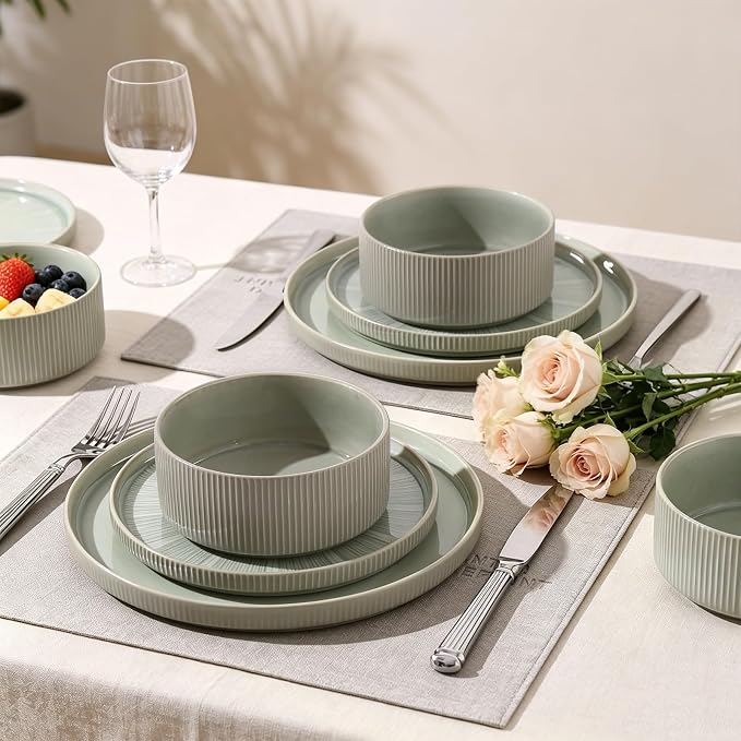 Dinnerware Sets, Ceramic Plates and Bowls Set 12 Piece Dinnerware for 4 Chip Resistant Stoneware with Advanced Inkjet Printing Technology, Dishwasher and Microwave Safe-Sage Green