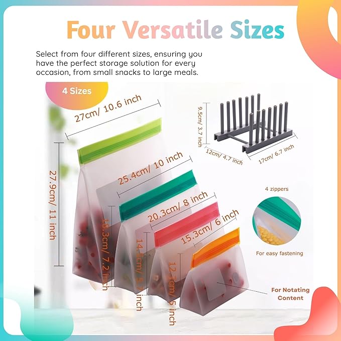 Reusable Food Storage Bags 8-Pack – BPA-Free Freezer & Dishwasher Safe, Leakproof Stand-Up Snack Bags 2 Gl + 2 L, 4 M– Eco-Friendly Airtight Ziplock Bags for Kitchen & Travel(Multicolor)