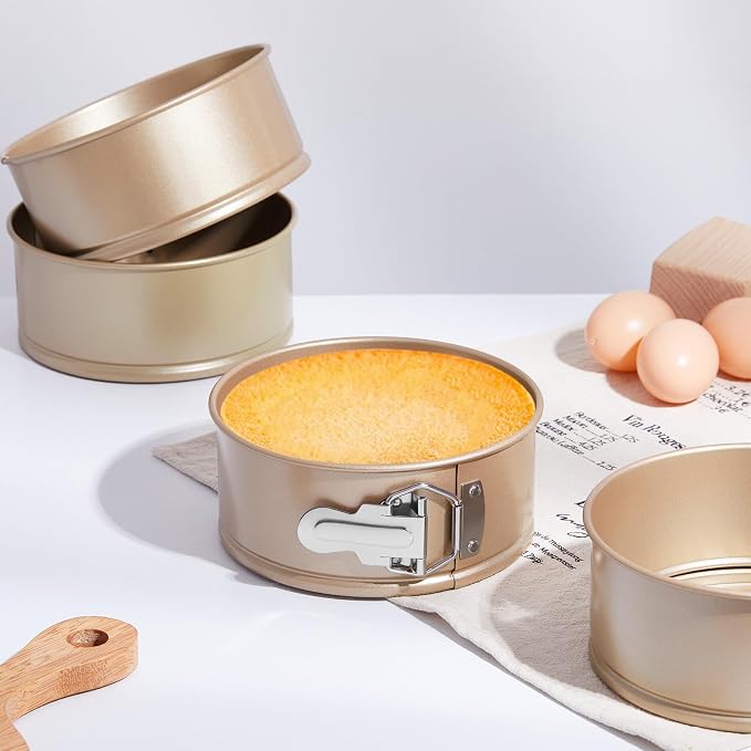 Funnymoom 4 Pcs 6 Inch Non Stick Springform Pan with Removable Bottom Carbon Steel Round Springform Cheesecake Pan with Stainless Steel Spring Buckles for Baking Kitchens Restaurant(Champagne Gold)