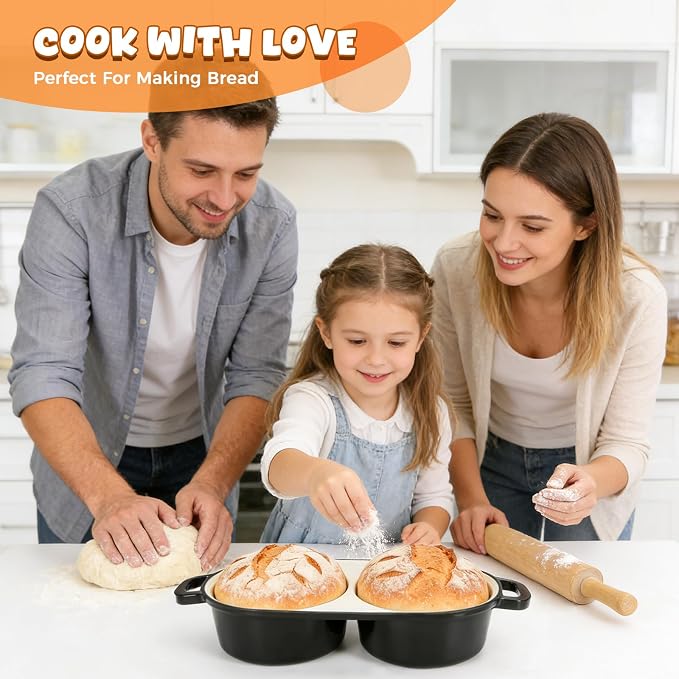 Mini Double Dutch Oven for Sourdough Bread Baking, 2.2QT (Black) | Enamelled Cast Iron Bread Pan with Lid, Double Round Loaf Space, 16.5cm Diameter, Mini Double Dutch Oven for Homemade Baking