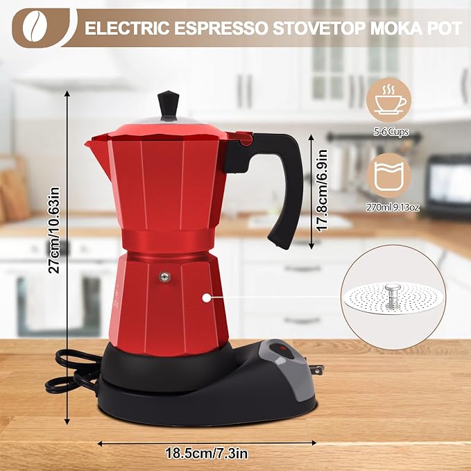 Aluminum Electric Moka Pot 3-6 Cup 270ml Express Coffee Maker Stovetop Espresso Portable Coffeemaker Italian Classic Brewing Greca Cafe Mocha with Removable Base and Overheating Protection Machine