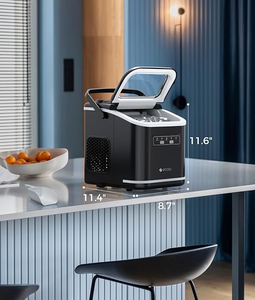 Ecozy Countertop Ice Maker, Portable, Self-Cleaning, 9 Bullet Ice Cubes in 6 Mins, 26lbs/24Hrs, Ice Maker Machine with Ice Bags, Handle, Standing Scoop and Basket, Black, IM-BS261C