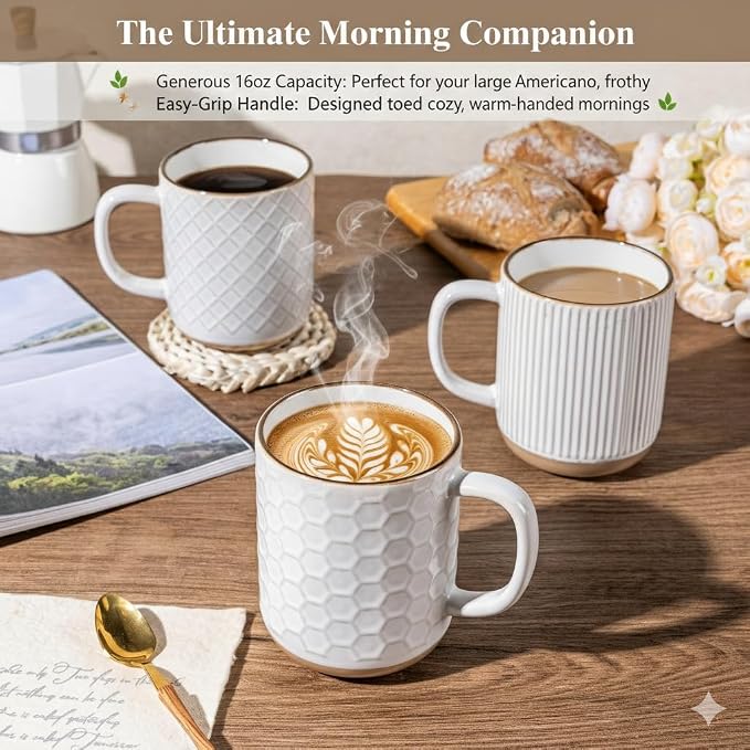 GBhome Large Coffee Mugs Set of 6, 16oz Handmade Stoneware Coffee Mugs Set with Large Handle for Cappuccino/Latte/Tea/Hot Cocoa, Dishwasher & Microwave Safe, Off White