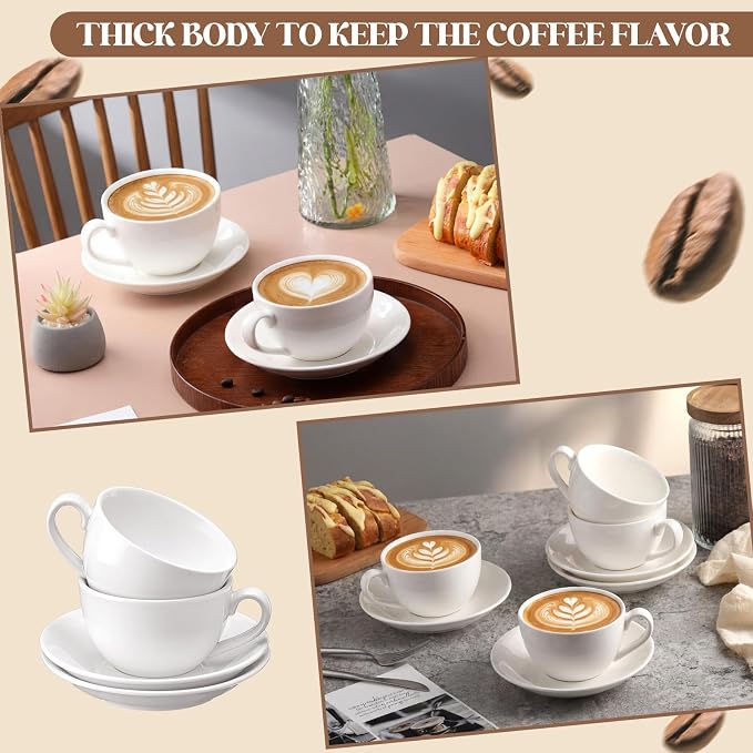 4 Set 11.5 oz Cappuccino Cups with Saucers Large Ceramic Coffee Mugs White Espresso Cup and Saucer Set Heavyweight Porcelain Housewarming Gift for Tea Espresso Latte Kitchen Cafe