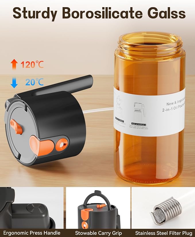 OURCABECUE Upgrade 2 in 1 Oil Sprayer for Cooking, 17oz Light-Blocking Glass Olive Oil Dispenser Bottle for Kitchen,Food-Grade Oil Mister with 8 Stickers for Salad, Frying(Amber Bottle-Black Gap)