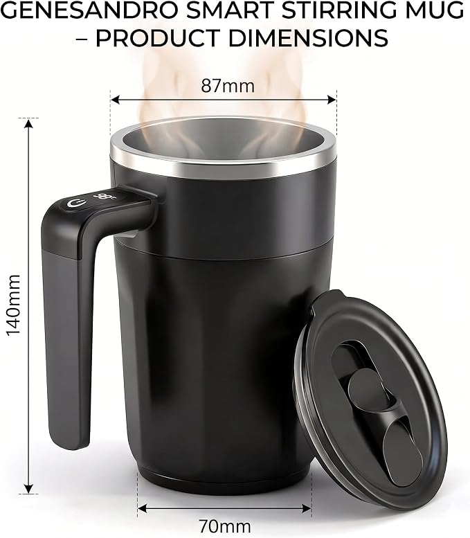 Self Stirring Coffee Mug 13.5 Oz with Lid, 316 Stainless Steel Automatic Magnetic Mixing Cup with a Built-in LCD Thermometer & Handle, Electric Coffee Stirrer, Gift for Men and Women (Matte Black)