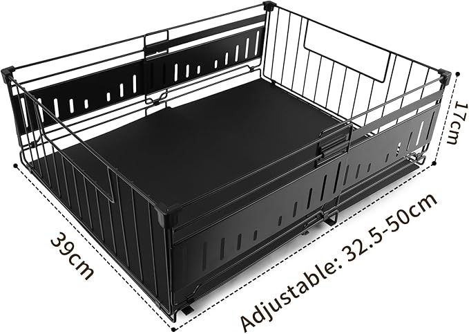 Expandable Pull Out Cabinet Organiser, No Drill Adhesive Slide Out Kitchen Drawer Shelf Durable Metal for Under Sink, Cupboard, Pantry, Adjustable Width (12.8"-19.7") (Style A Black, 1 Pack)