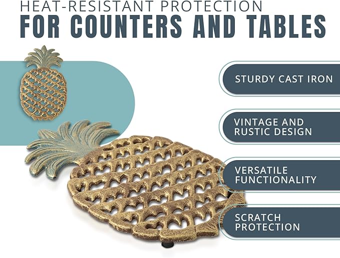 Comfify Cast Iron Pineapple Trivet - Decorative Cast Iron Trivet For Kitchen Or Dining Table - Vintage, Rustic Design - Protect your Countertop from Hot Dishes - With Rubber Pegs/Feet - Recycled Metal
