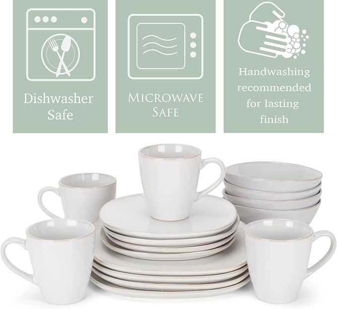 Elanze Designs 16-Piece Modern Luxury Chic Smooth Vintage Handmade Shape High Gloss Ceramic Stoneware Square Plate Mug & Bowl Kitchen Dinnerware 16 Piece Set - Service for 4, White