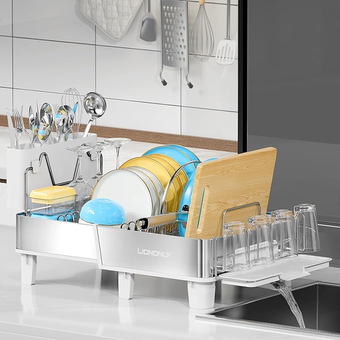 Dish Drying Rack, 304 Stainless Steel Expandable Dish Rack with Adjustable Drain Spout, Large Capacity Dish Drainer with Utensil Holder, Cup Holder and Cutting Board Rack for Kitchen Counter, White