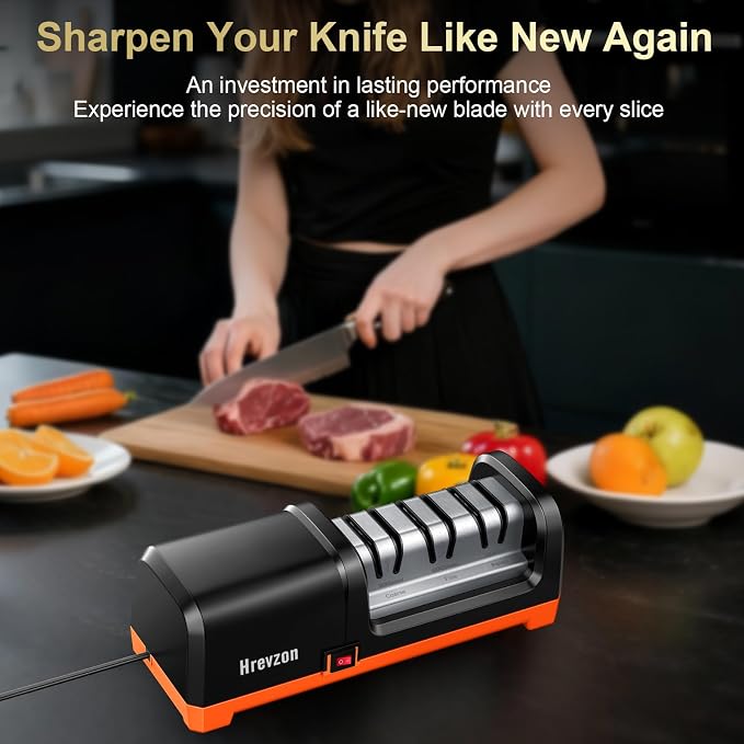2026 New Electric Knife Sharpener for Kitchen Knives, 3-Stage Professional Automatic Quickly Sharpening/Polishing System with 100% Diamond Abrasives, 20° Precision Angle, Non-Slip Base, Black/Orange
